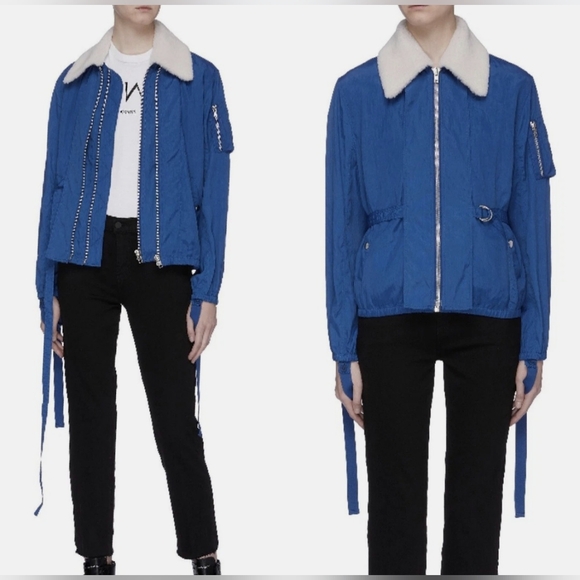 Helmut Lang Sheer Bomber Jacket Cobalt Blue Sz XS 100% Lamb Shearling Fur Collar - Picture 4 of 16
